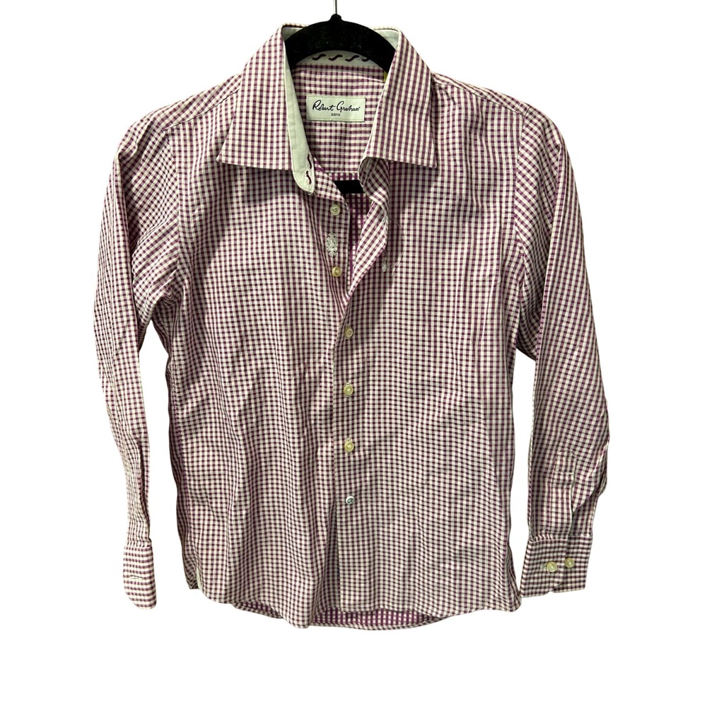 Robert Graham Boys Purple Gingham Check Long Sleeve Button Down Shirt Size S 8